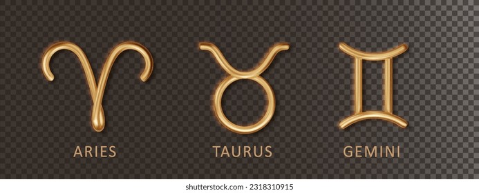 Zodiac gold signs Aries, Taurus, Gemini, with shadow isolated on transparent background. Luxury 3d realistic signs for astrology horoscope predictions.