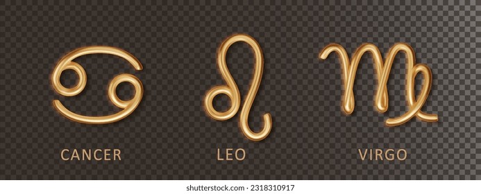 Zodiac-Goldschilder Krebs, Leo, Virgo, mit Schatten einzeln auf transparentem Hintergrund. Luxury 3d realistische Zeichen für Astrologie Horoskop Vorhersagen.