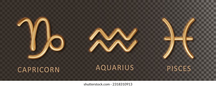 Zodiac gold signs Capricorn, Aquarius, Pisces, with shadow isolated on transparent background. Luxury 3d realistic signs for astrology horoscope predictions.