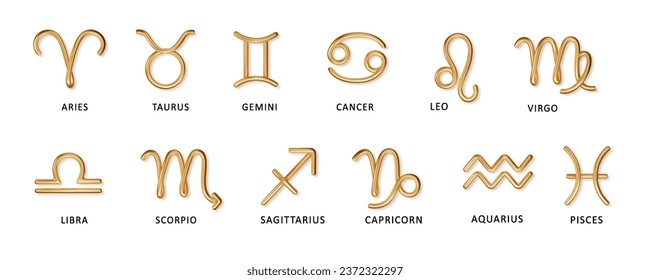 Zodiac gold signs with latin names vector illustrations set. Realistic symbols for astrological calendar, horoscope. Luxury 3d signs set for astrology horoscope predictions