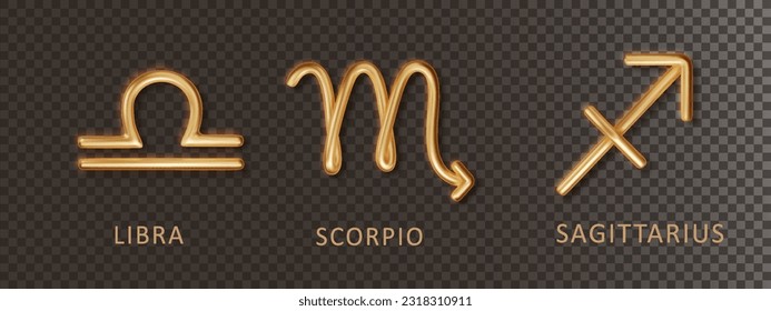 Zodiac gold signs Libra, Scorpio, Sagittarius, with shadow isolated on transparent background. Luxury 3d realistic signs for astrology horoscope predictions