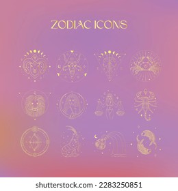 Zodiac Golden Icons, Esoteric Abstract Logo, Mystic Spiritual Symbols. Astrology, Moon and Stars, Magic Esoteric Art.