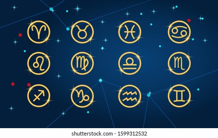 zodiac with golden outline isolated blue background