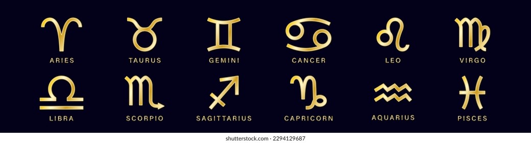 Zodiac golden signs set. Cancer and taurus constellations yellow symbols with esoteric scorpio and astrological aquarius with pisces vector pictogram