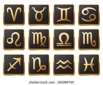 Zodiac golden signs set for web and print. Vector symbol set.