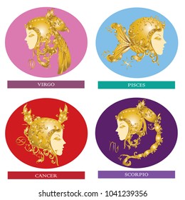 Zodiac with golden vintage Victorian. Metal. Elements, virgo, pieces cancer scorpio 