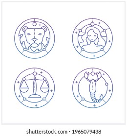 Zodiac gradient icons set. Fourth fire signs in zodiac. Birth symbols. Leo, virgo, scorpio, libra. Mystic horoscope signs.Isolated vector illustration.Suitable to banners, mobile apps and presentation