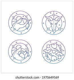 Zodiac gradient icons set.Fourth fire signs in zodiac.Birth symbols.Aquarius,sagittarius,capricorn,pisces.Horoscope signs.Isolated vector illustration.Suitable to banners, mobile apps and presentation