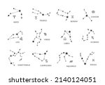Zodiac hand drawn constellations isolated cliparts bundle, unique astrology sings illustration, esoteric mystical horoscope in black color, Libra Gemini Taurus Cancer Aries Leo Pisces vector