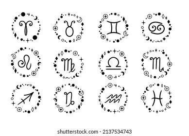 Zodiac handgezeichnete Konstellationen, isoliertes Paket mit Clipart Arts, einzigartige Astrologie-Sings-Illustration, esoterisches mystisches Horoskop in schwarzer Farbe, Libra Gemini Taurus Cancer Aries Leo Pisces