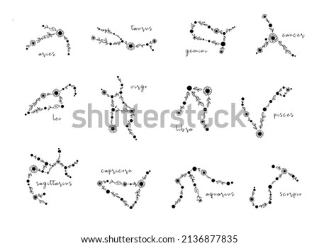 Zodiac hand drawn constellations isolated cliparts bundle, unique astrology sings illustration, esoteric mystical horoscope in black color, Libra Gemini Taurus Cancer Aries Leo Pisces