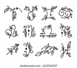 Zodiac handgezeichnete Blumenkonstellationen einzeln auf Clipart-Art-Bundle, einzigartige Astrologie-Sings-Illustration, esoterisches mystisches Horoskop in schwarzer Farbe, Libra Gemini Taurus Cancer Aries Leo Pisces