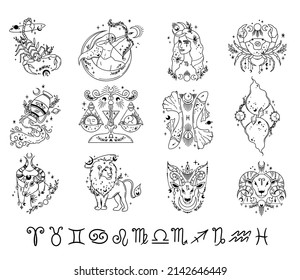 Zodiac-handgezeichnete Linienzeichen, isoliertes Paket mit Clips, einzigartige Astrologie-Symbole, esoterisches mystisches Horoskop in schwarzer Farbe, Libra Gemini Taurus Cancer Aries Leo Pisces moderne Vektorgrafik