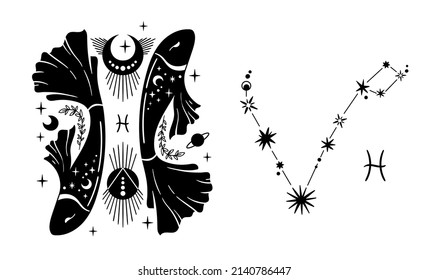 Zodiac hand drawn Pisces sign isolated clipart, unique astrology symbols and constellation, mystical horoscope sign in black silhouette, modern vector