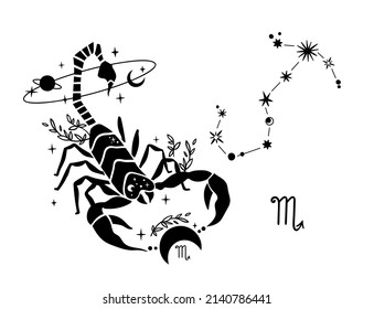 Zodiac hand drawn Scorpio signs isolated clipart, unique astrology symbols and constellation, mystical horoscope sign in black silhouette, modern vector