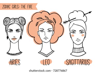 Zodiac hand drawn set: Fire. Aries, leo  sagittarius. Vector illustration of
astrological signs as a beautiful girls. Horoscope, alchemy, spirituality, occultism, fashion.