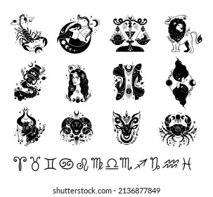 Zodiac hand drawn signs isolated cliparts bundle, unique astrology symbols illustration, esoteric mystical horoscope in black color, Libra Gemini Taurus Cancer Aries Leo Pisces modern vector