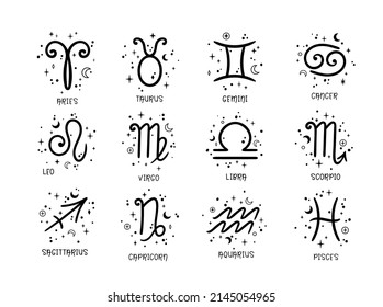 Zodiac hand drawn signs isolated cliparts bundle, unique astrology symbols illustration, esoteric mystical horoscope in black color, Libra Gemini Taurus Cancer Aries Leo Pisces modern vector