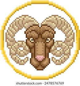 A zodiac horoscope or astrology Aries ram horned goat sign in a retro video game arcade 8 bit pixel art style