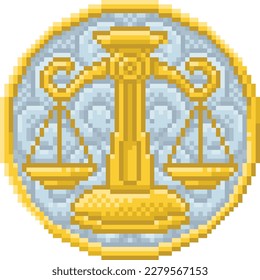 A zodiac horoscope or astrology Libra scales of justice sign in a retro video game arcade 8 bit pixel art style