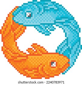 A zodiac horoscope or astrology Pisces fish sign in a retro video game arcade 8 bit pixel art style