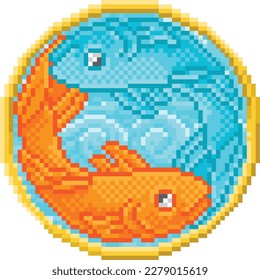 A zodiac horoscope or astrology Pisces fish sign in a retro video game arcade 8 bit pixel art style