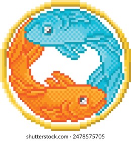 A zodiac horoscope or astrology Pisces fish sign in a retro video game arcade 8 bit pixel art style