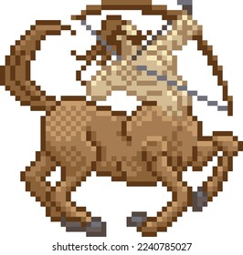 A zodiac horoscope or astrology Sagittarius centaur archer sign in a retro video game arcade 8 bit pixel art style