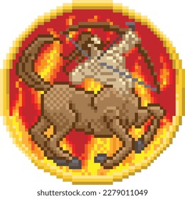 A zodiac horoscope or astrology Sagittarius centaur archer sign in a retro video game arcade 8 bit pixel art style