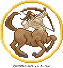 A zodiac horoscope or astrology Sagittarius centaur archer sign in a retro video game arcade 8 bit pixel art style