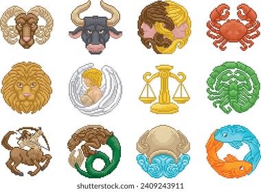 Zodiac horoscope or astrology signs in a retro video game arcade 8 bit pixel art style svg