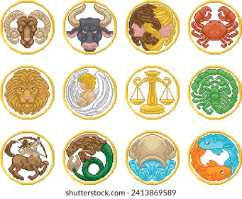 Zodiac horoscope or astrology signs in a retro video game arcade 8 bit pixel art style svg