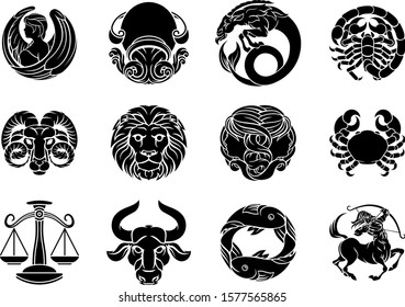 Zodiac horoscope astrology star signs symbols icon set