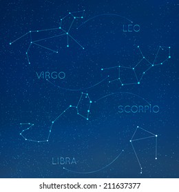 Zodiac, horoscope constellation in skyline with many other stars. Leo, virgo, scorpio, libra vector illustraion