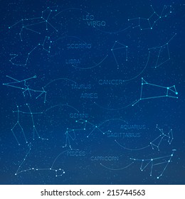 Zodiac, horoscope constellation in skyline with many other stars. Leo, virgo, scorpio, libra, Aquarius, sagitarius, pisces, capricorn, Taurus, aries, gemini, cancer vector illustraion