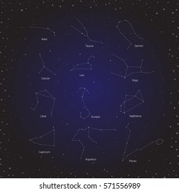 zodiac horoscope in cosmos background, group of zodiac star in galaxy, star constellation, vector illustration