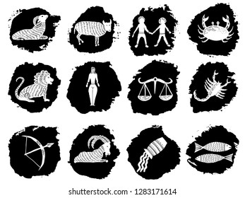 Zodiac for horoscope icon set. Usable for mystic  occult  palmistry and witchcraft alchemy. Vector 