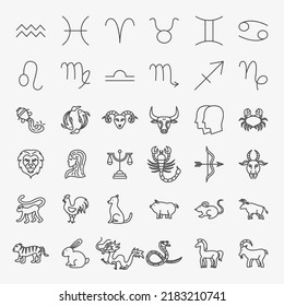 Zodiac Horoscope Line Icons Set. Vector Thin Outline Chinese Culture Symbols.