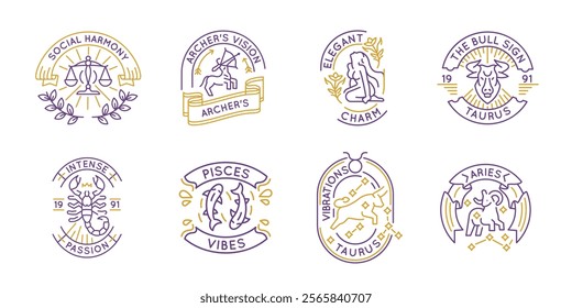 Zodiac and horoscope logos, labels, icons. A set of 8 zodiac logotypes. Cancer, Libra, Virgo, Capricorn, Lion. Ideal for branding horoscopes and esoteric sites. Vector illustration