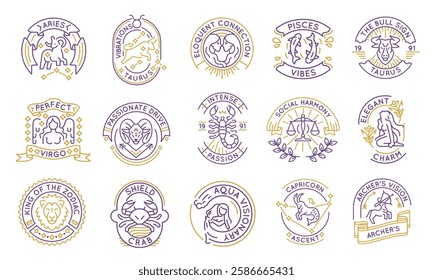 Zodiac and horoscope logos, labels, icons. A set of 15 zodiac logotypes. Cancer, Libra, Virgo, Capricorn, Lion. Ideal for branding horoscopes and esoteric sites. Vector illustration