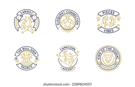 Zodiac and horoscope logos, labels, icons. A set of 6 zodiac logotypes. Cancer, Libra, Virgo, Capricorn, Lion. Ideal for branding horoscopes and esoteric sites. Vector illustration