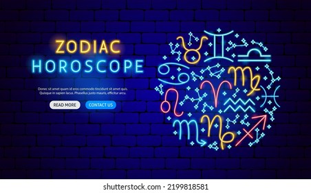 Diseño de pancarta de Zodiac Horoscope Neon. Ilustración vectorial de la promoción de la astrología.