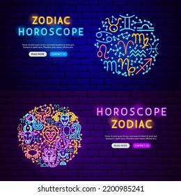 Zodiac Horoscope Neon Banners. Vector Illustration of Astrology Promotion.