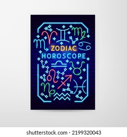 Zodiac Horoscope Neon Flyer. Vector Illustration of Astrology Promotion.