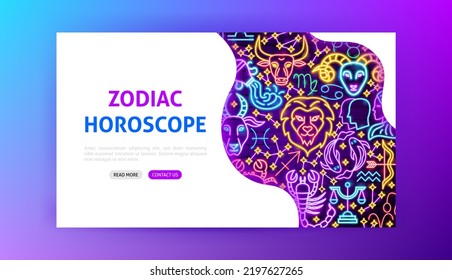 Zodiac Horoscope Neon Landing Page. Vector Illustration of Astrology Promotion.