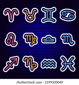 Zodiac Horoscope Neon Stickers. Vector Illustration of Astrology Promotion.