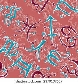 Zodiac horoscope seamless vector pattern for digital background, wrapping paper, textile print. Magic witch craft esoteric theme. Hand drawn illustration, retro vintage style drawing.