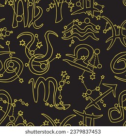 Zodiac horoscope seamless vector pattern for digital background, wrapping paper, textile print. Magic witch craft esoteric theme. Hand drawn illustration, retro vintage style drawing.