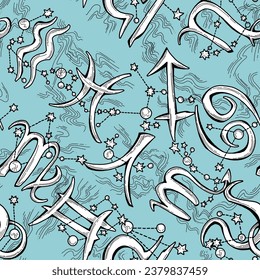 Zodiac horoscope seamless vector pattern for digital background, wrapping paper, textile print. Magic witch craft esoteric theme. Hand drawn illustration, retro vintage style drawing.
