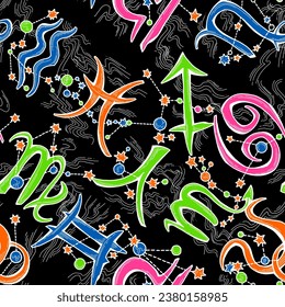 Zodiac horoscope seamless vector pattern for digital background, wrapping paper, textile print. Magic witch craft esoteric theme. Hand drawn illustration, retro vintage style drawing.